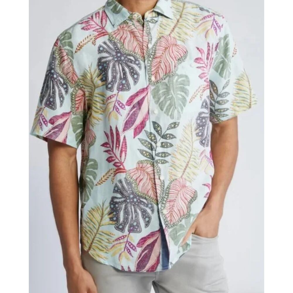NWT Tommy Bahama Retro Vines Shirt Aqua M Linen TENCEL Hawaiian Island Print